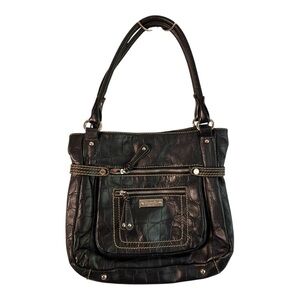 Tignanello Black Leather Tote Bag Croc Embossed Shoulder Handbag Carry All EUC!